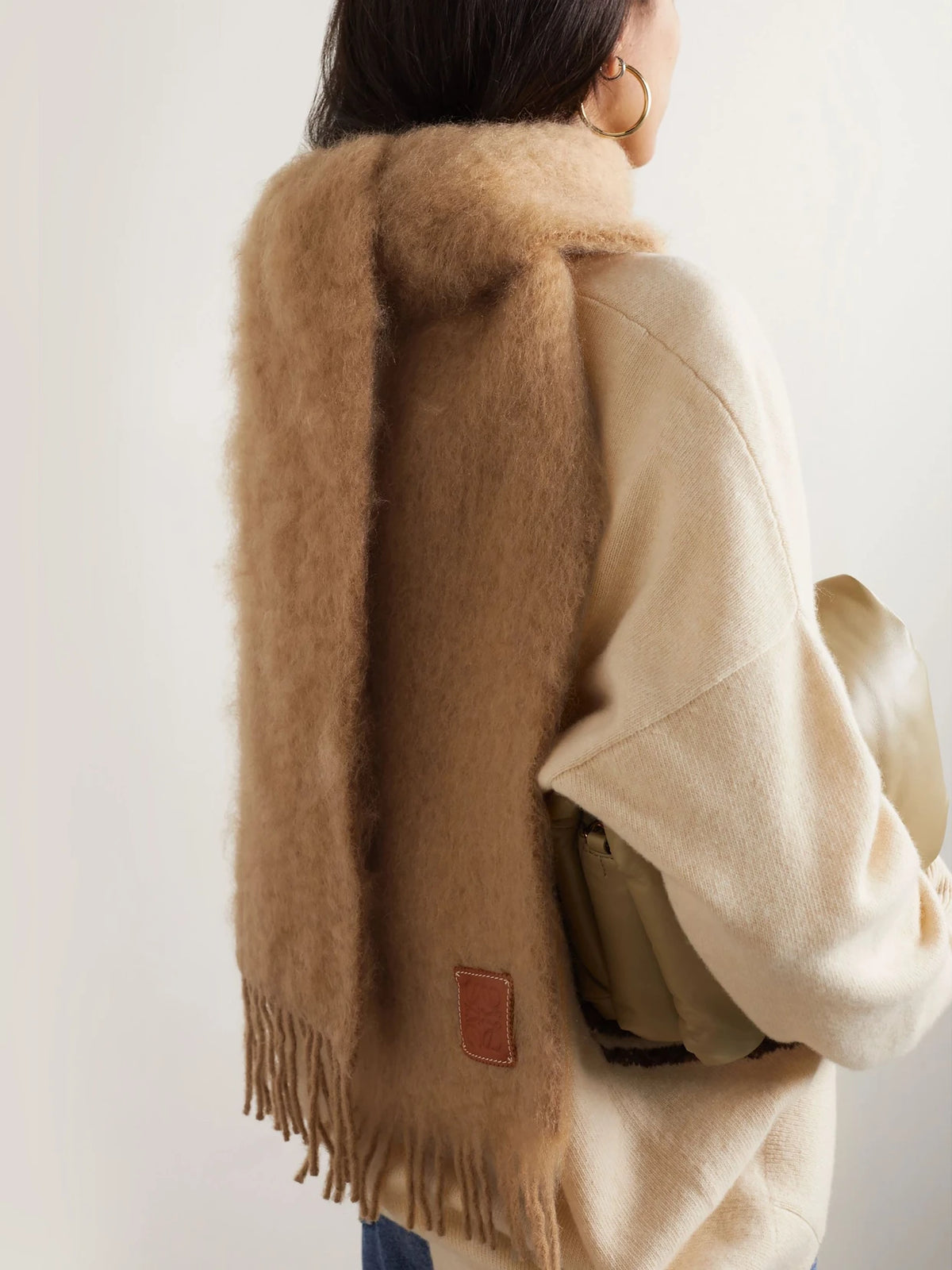 Image of Scarves & Shawls. Product name - Appliquéd Fringed Mohair-blend Scarf in Camel colour by brand - LOEWE