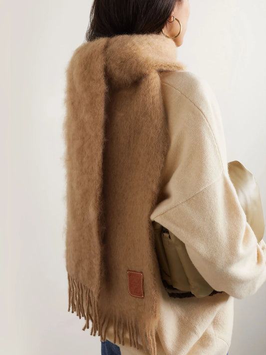 Image of Scarves & Shawls. Product name - Appliquéd Fringed Mohair-blend Scarf in Camel colour by brand - LOEWE