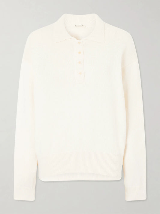 Image of a model wearing Outerwear. Product name - Chessy Cotton And Wool-blend Polo Sweater in Ecru colour by brand - KALLMEYER