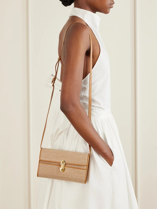 Image of Bags. Product name - Symmetry Leather-trimmed Canvas Mini Shoulder Bag in Tan colour by brand - Savette