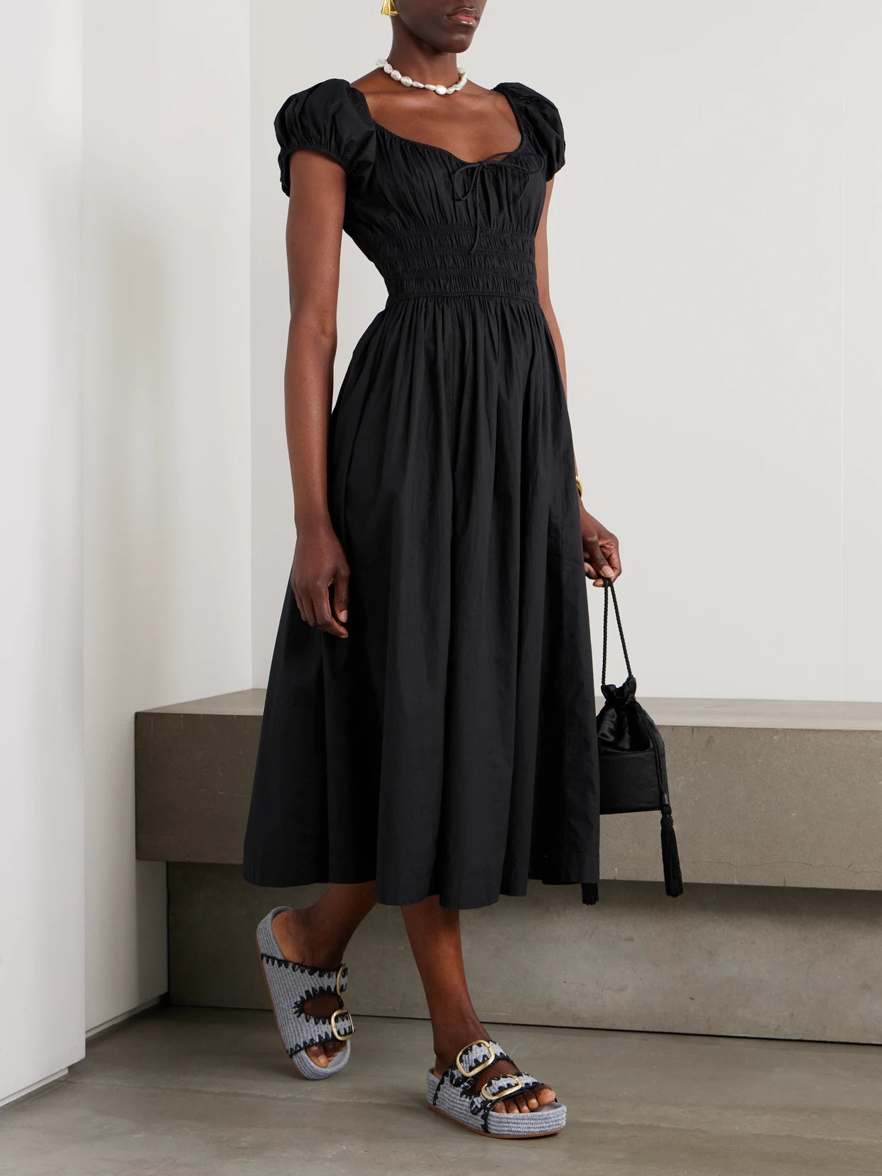 Image of Dresses. Product name - Quinn Tie-detailed Shirred Organic Cotton-poplin Midi Dress in Black colour by brand - DÔEN