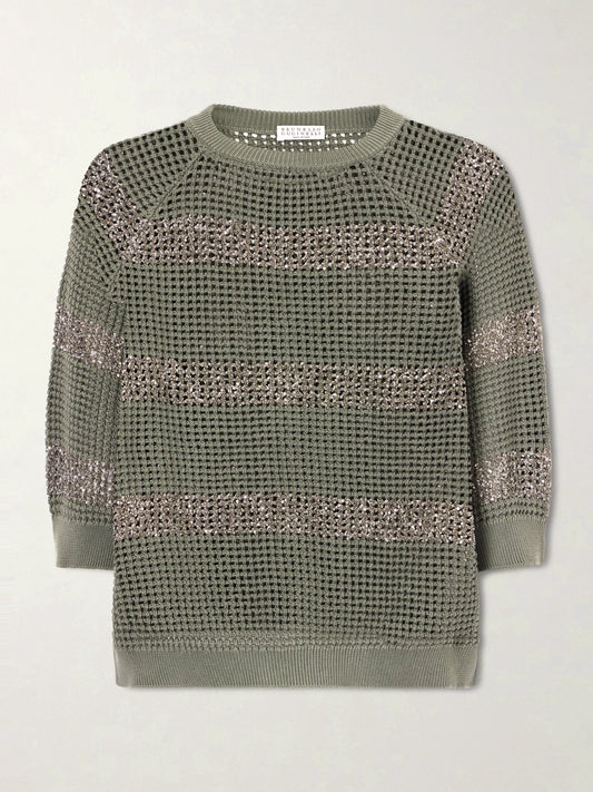 Image of a model wearing Outerwear. Product name - Sequin-embellished Striped Open-knit Cotton Sweater in Army green colour by brand - Brunello Cucinelli