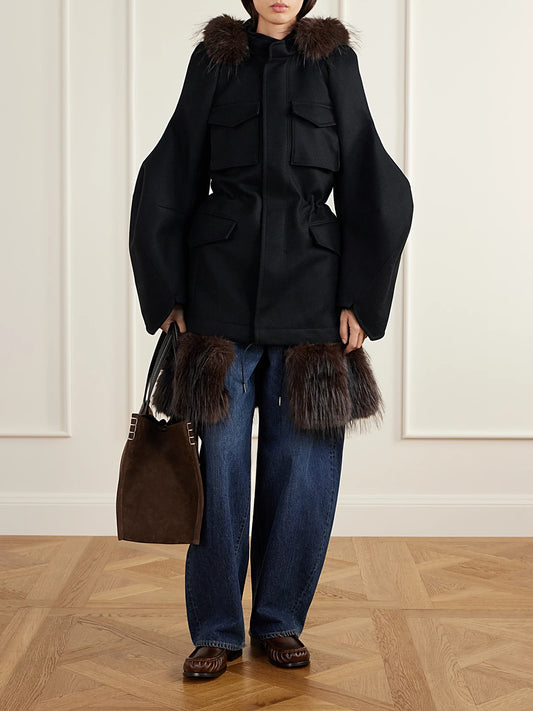 Image of Coats & Jackets. Product name - Padded Plush-trimmed Wool Coat in Black colour by brand - Sacai