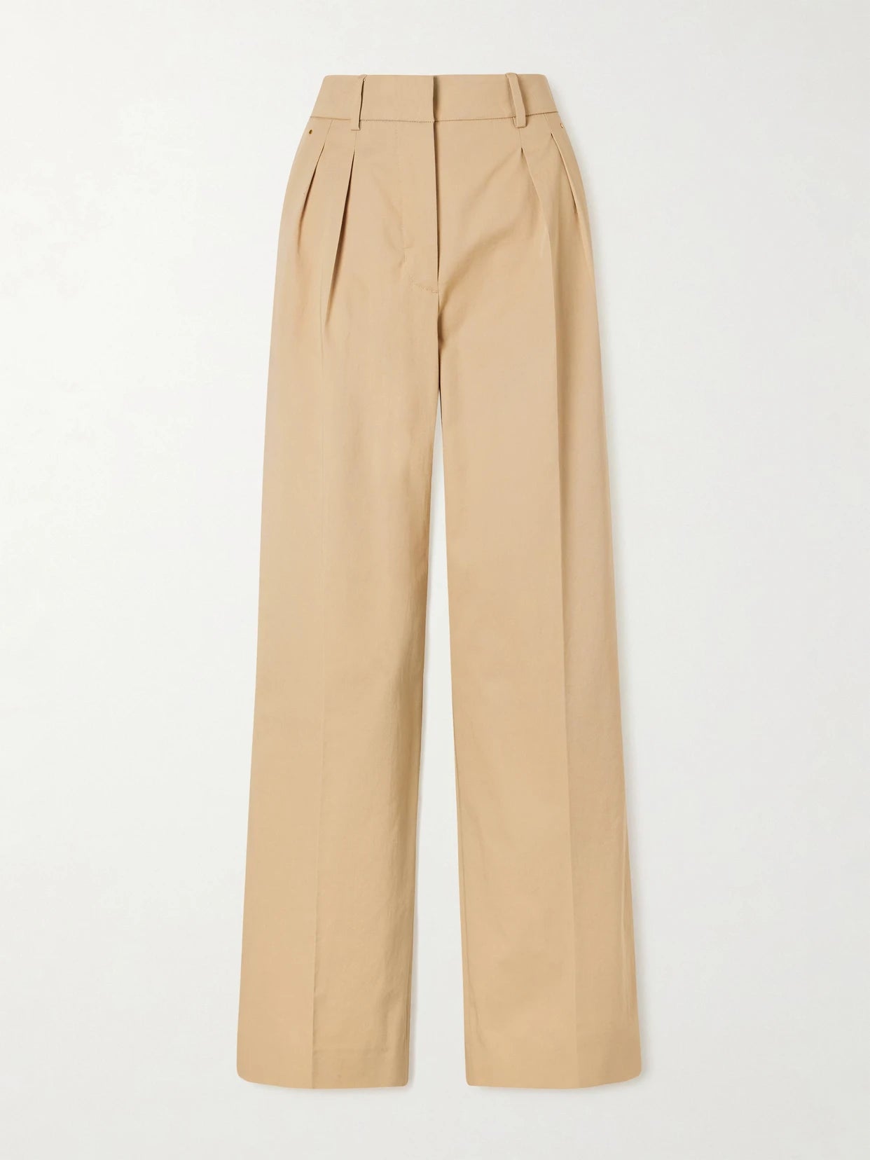 Image of a model wearing Pants. Product name - Appliquéd Pleated Cotton-twill Wide-leg Pants in Tan colour by brand - Moncler