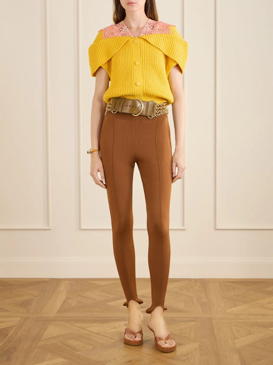 Image of a model wearing Outerwear. Product name - Lace-trimmed Ribbed-knit Cotton Cardigan in Yellow colour by brand - Chloé