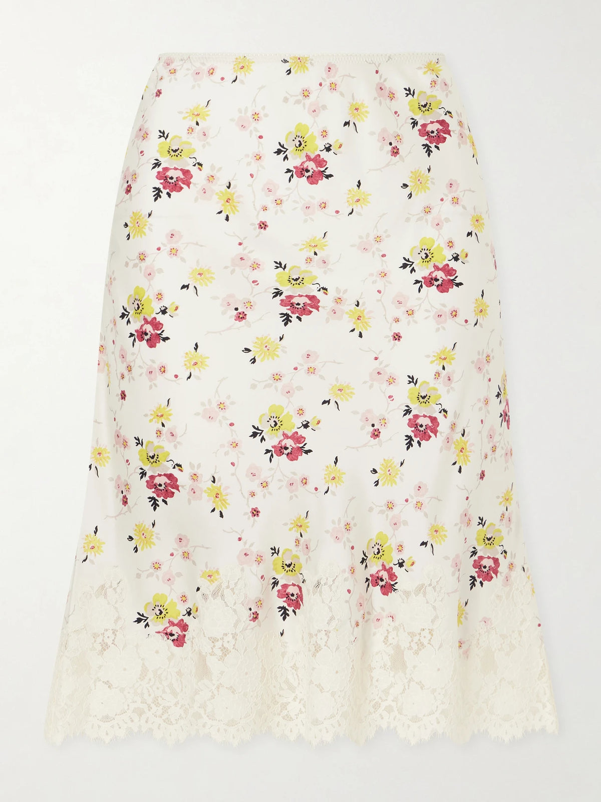 DÔEN Elowette Floral-print Lace-trimmed Silk-satin Knee-length Skirt