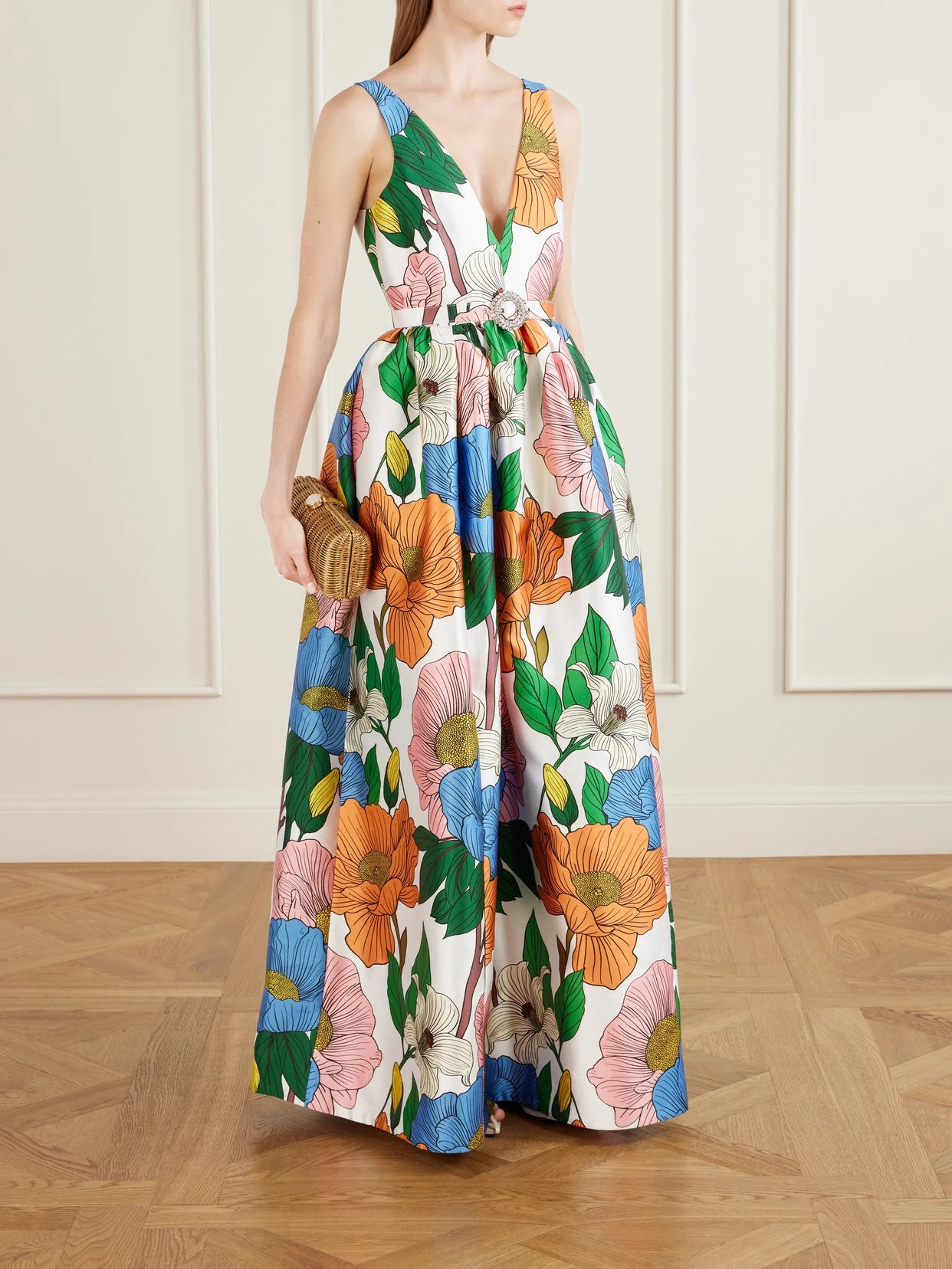 Image of Dresses. Product name - Isabella Belted Floral-print Taffeta Maxi Dress in Multi colour by brand - Borgo de Nor