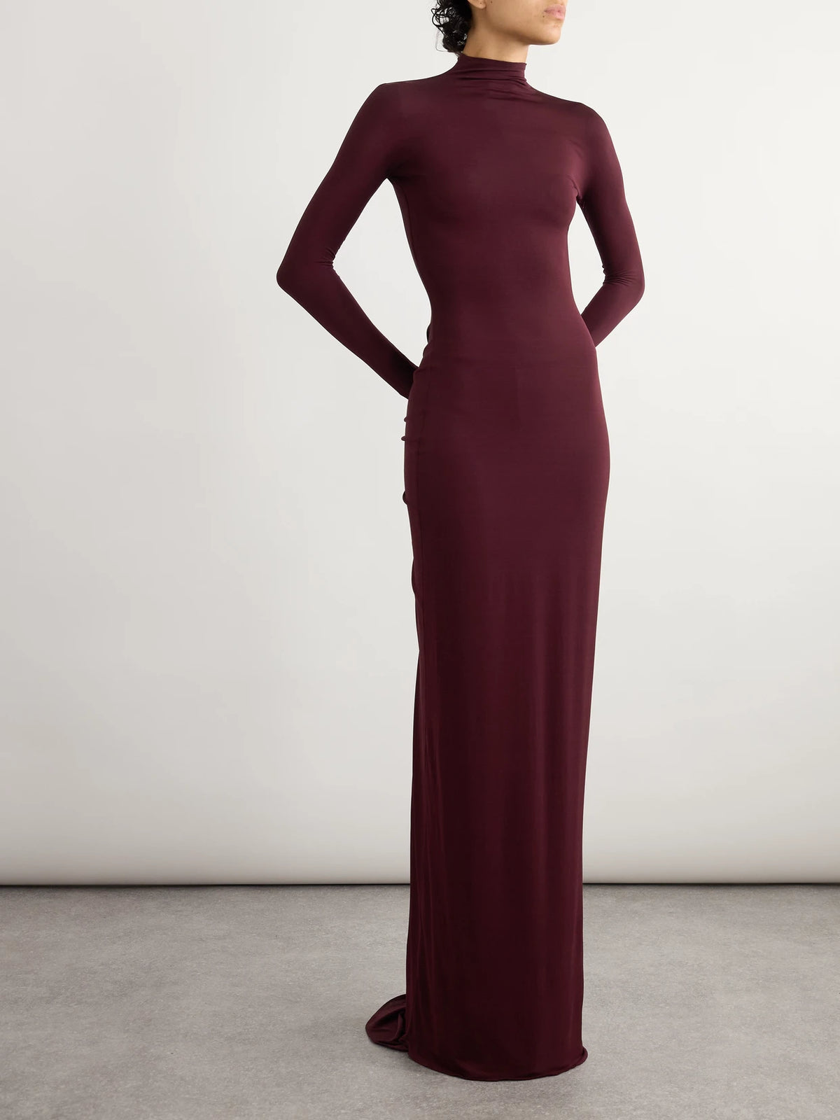 Image of Dresses. Product name - Jersey Mock-neck Gown in Burgundy colour by brand - Alaïa