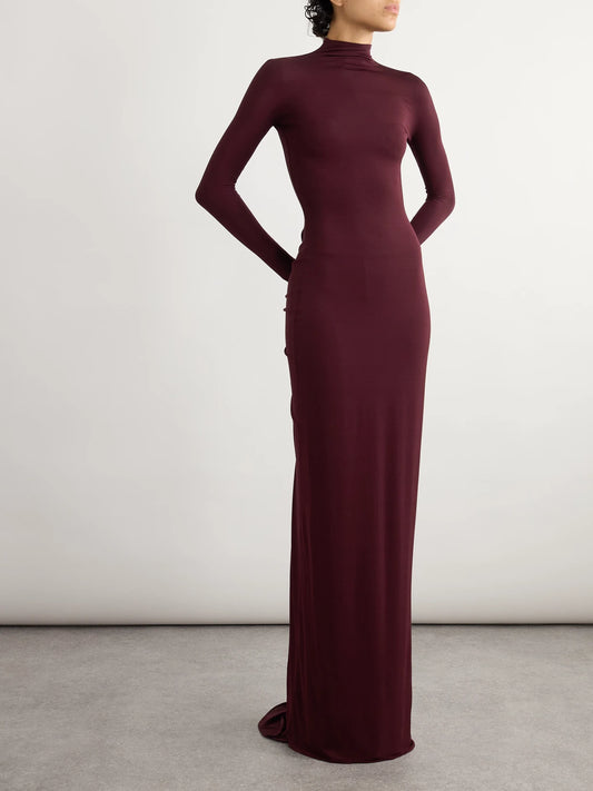 Image of Dresses. Product name - Jersey Mock-neck Gown in Burgundy colour by brand - Alaïa