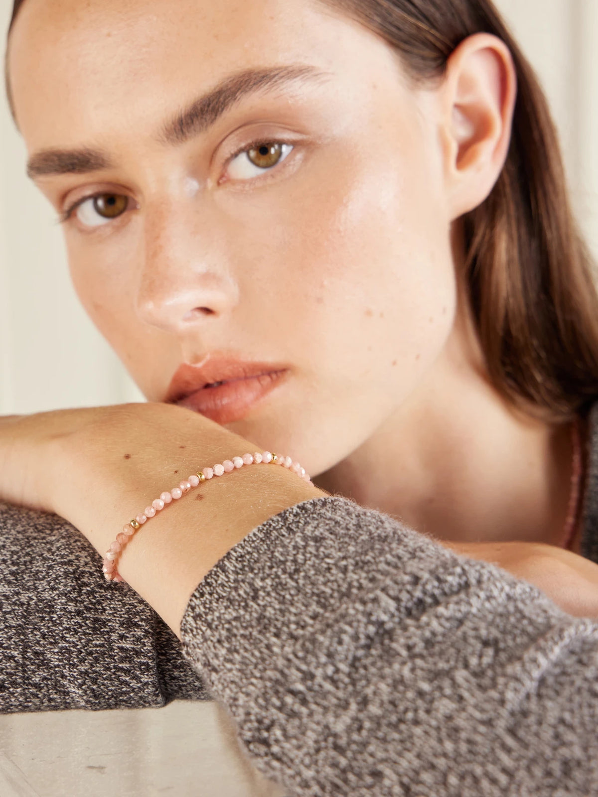Image of Bracelets. Product name - Arizona 14-karat Yellow Gold Rhodochrosite Beaded Bracelet in Pink colour by brand - JIA JIA