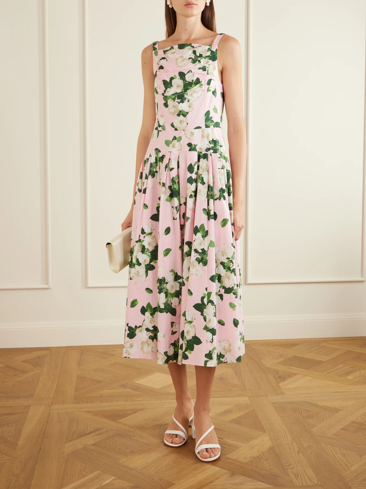 Image of Dresses. Product name - Floral-printed Cotton-blend Midi Dress in Pink colour by brand - Carolina Herrera