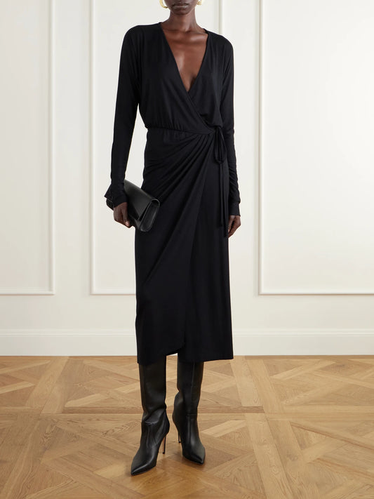 Image of Dresses. Product name - Daria Draped Stretch-modal Jersey Midi Wrap Dress in Black colour by brand - ÉTERNE