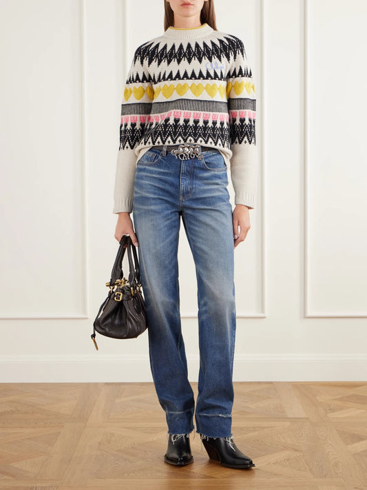 Image of a model wearing Outerwear. Product name - Logo-embroidery Fair Isle Wool Sweater in Multi colour by brand - Chloé