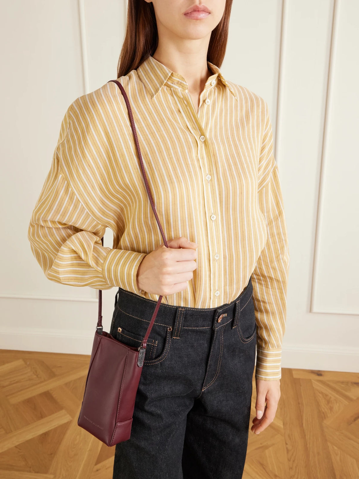 Image of Bags. Product name - Bead-embellished Leather Pouch in Burgundy colour by brand - Brunello Cucinelli