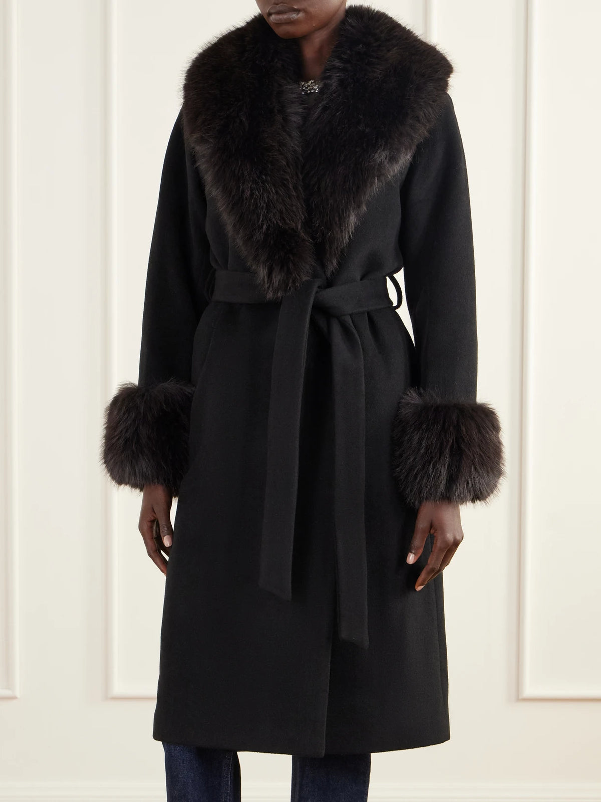 SIMKHAI Kinsley Belted Plush-trimmed Wool-blend Melton Coat