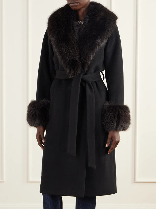 SIMKHAI Kinsley Belted Plush-trimmed Wool-blend Melton Coat