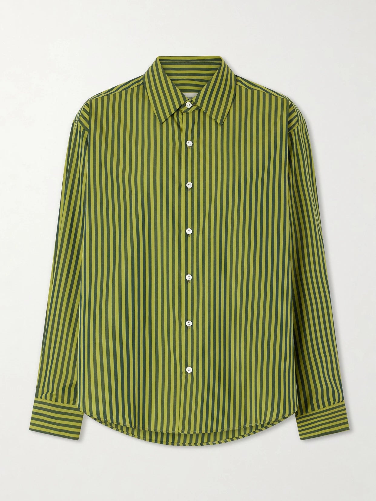 Image of a model wearing Tops. Product name - La Classica Striped Cotton-poplin Shirt in Forest green colour by brand - Comme Si