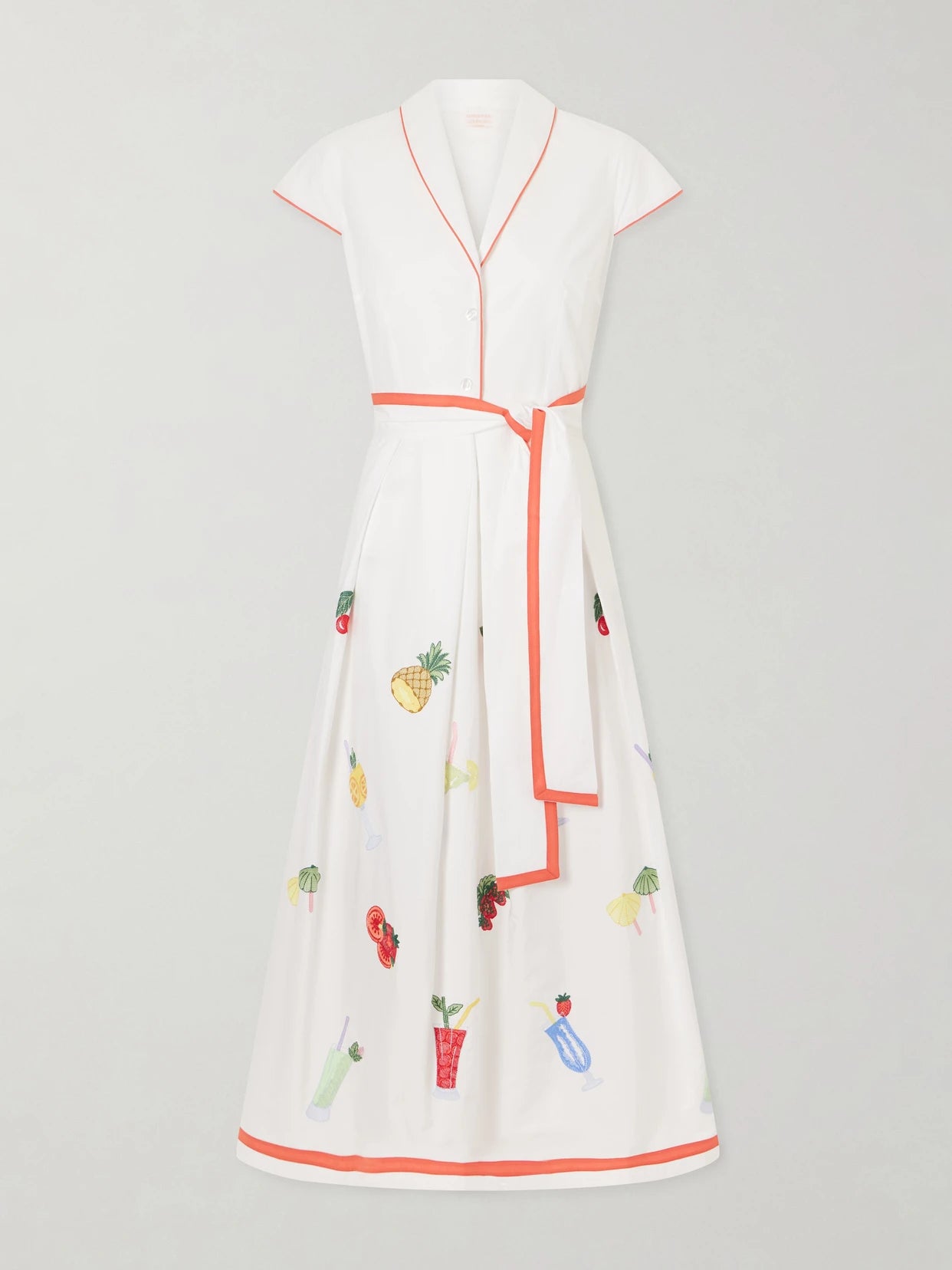 Image of Dresses. Product name - Giardino Belted Embroidered Cotton-poplin Dress in White colour by brand - Loretta Caponi