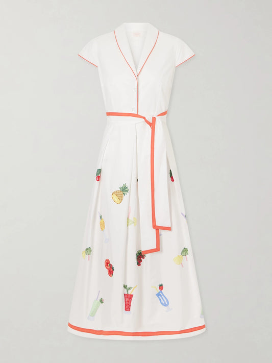 Image of Dresses. Product name - Giardino Belted Embroidered Cotton-poplin Dress in White colour by brand - Loretta Caponi