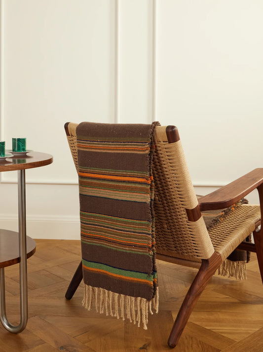 Image of Decor. Product name - Nazca Fringed Striped Cashmere And Silk-blend Throw in Brown colour by brand - The House of Lyria