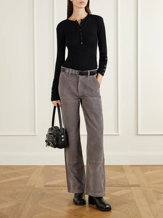 Image of a model wearing Pants. Product name - Cotton-corduroy Straight-leg Pants in Gray colour by brand - MFPEN