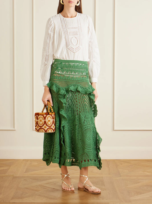 Image of a model wearing Skirts. Product name - Floretta Ruffled Crochet-knit Cotton Midi Skirt in Green colour by brand - Ulla Johnson