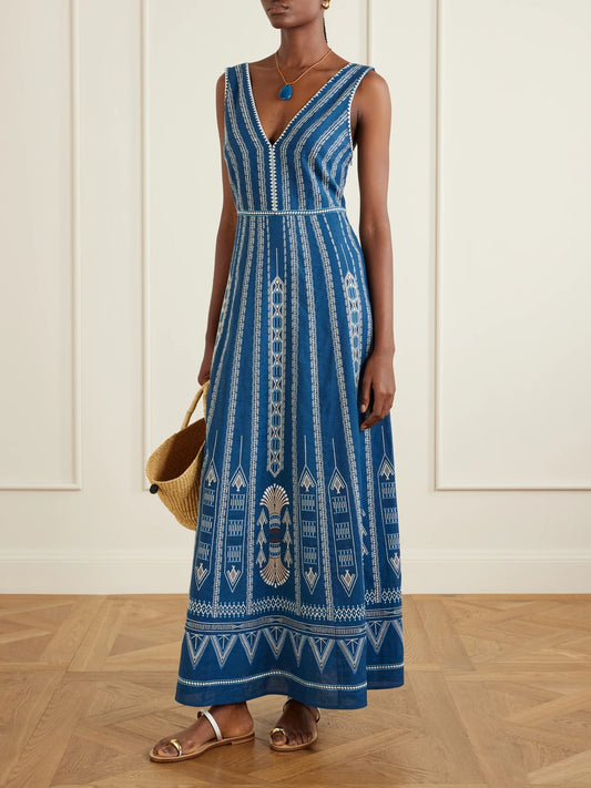 Image of Dresses. Product name - Nellie Embroidered Cotton And Linen-blend Maxi Dress in Blue colour by brand - Emporio Sirenuse