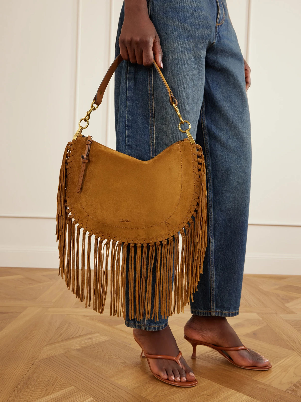 Image of Bags. Product name - Oskan Soft Fringed Suede Shoulder Bag in Tan colour by brand - ISABEL MARANT