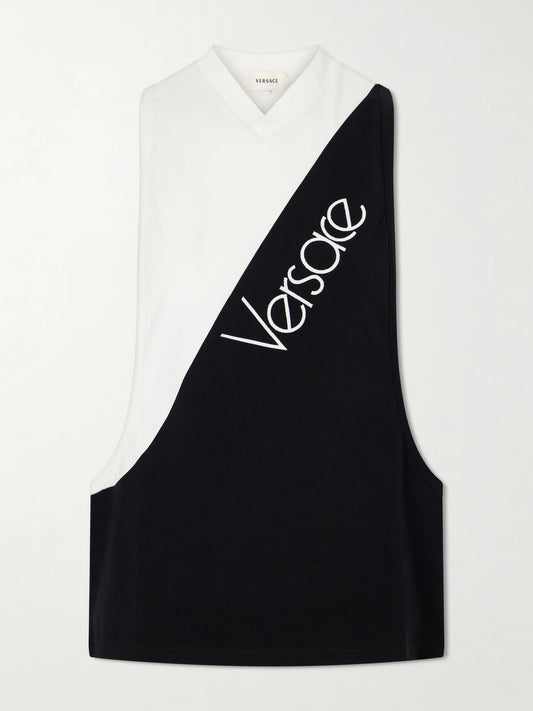 Image of a model wearing Tops. Product name - Logo-intarsia Stretch Cotton-jersey Tank in White colour by brand - Versace