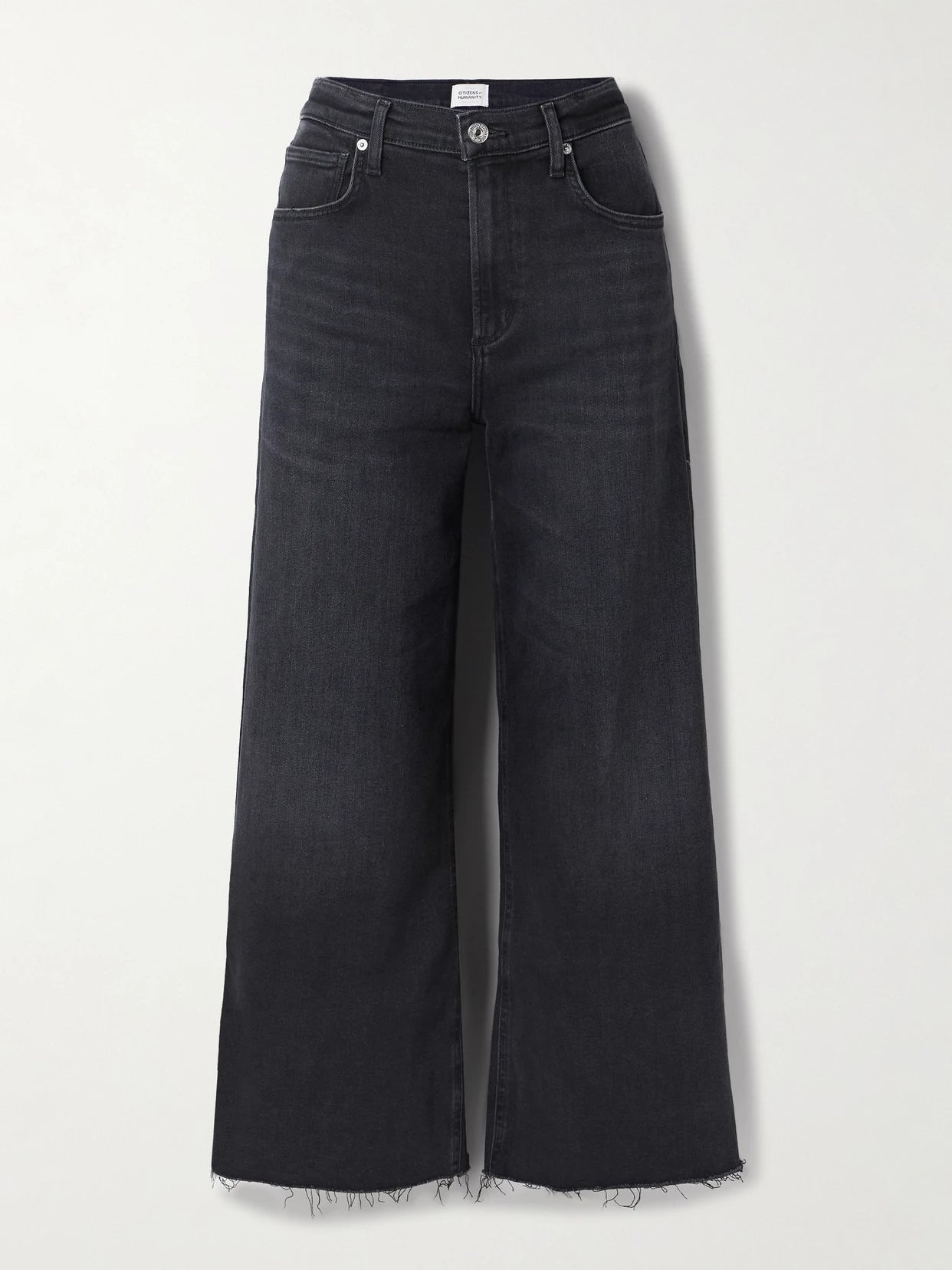 Image of Jeans. Product name - Lyra Frayed Cropped High-rise Wide-leg Jeans in Black colour by brand - Citizens of Humanity