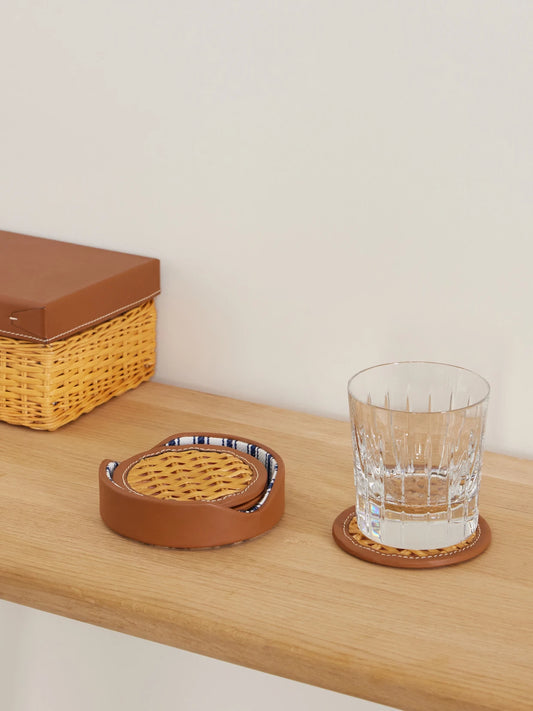 Image of Decor. Product name - Bailey Leather-trimmed Rattan-woven Set Of Four Coasters in Brown colour by brand - Ralph Lauren Home