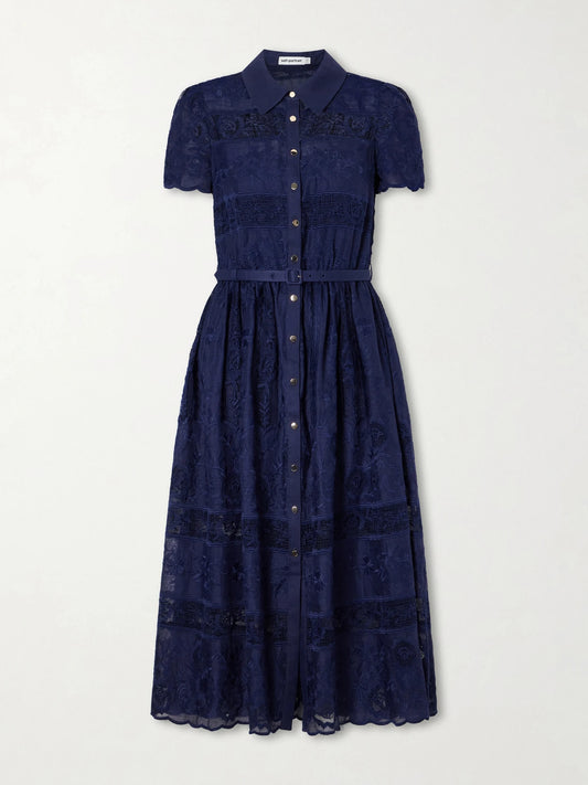 Image of Dresses. Product name - Belted Embroidered Lace-trimmed Ramie Midi Dress in Navy colour by brand - Self-Portrait