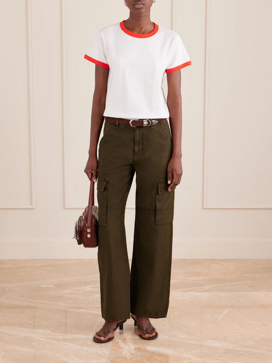Image of a model wearing Pants. Product name - Esme Organic Cotton-twill Wide-leg Cargo Pants in Army green colour by brand - Citizens of Humanity