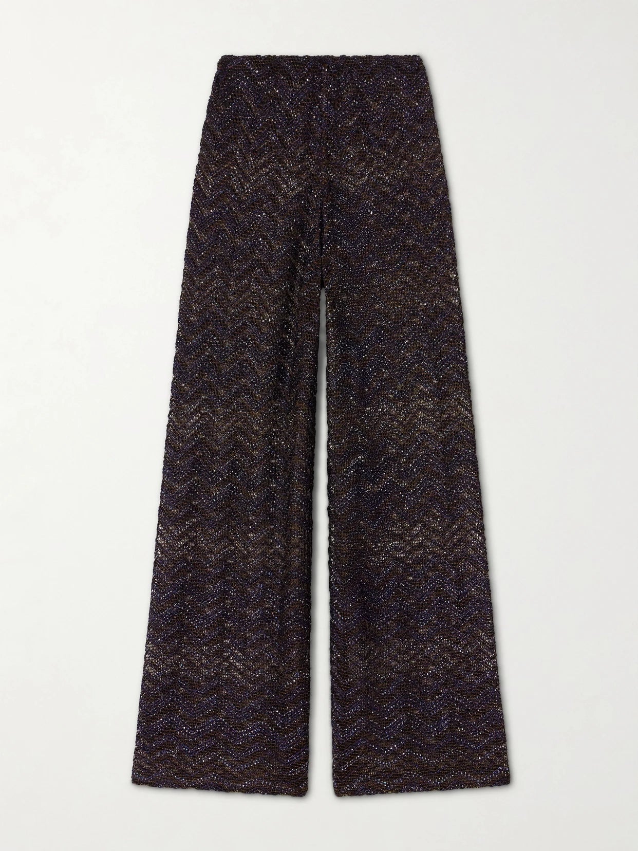 Image of a model wearing Pants. Product name - Sequin-embellished Crochet-knit Wide-leg Pants in Brown colour by brand - Missoni