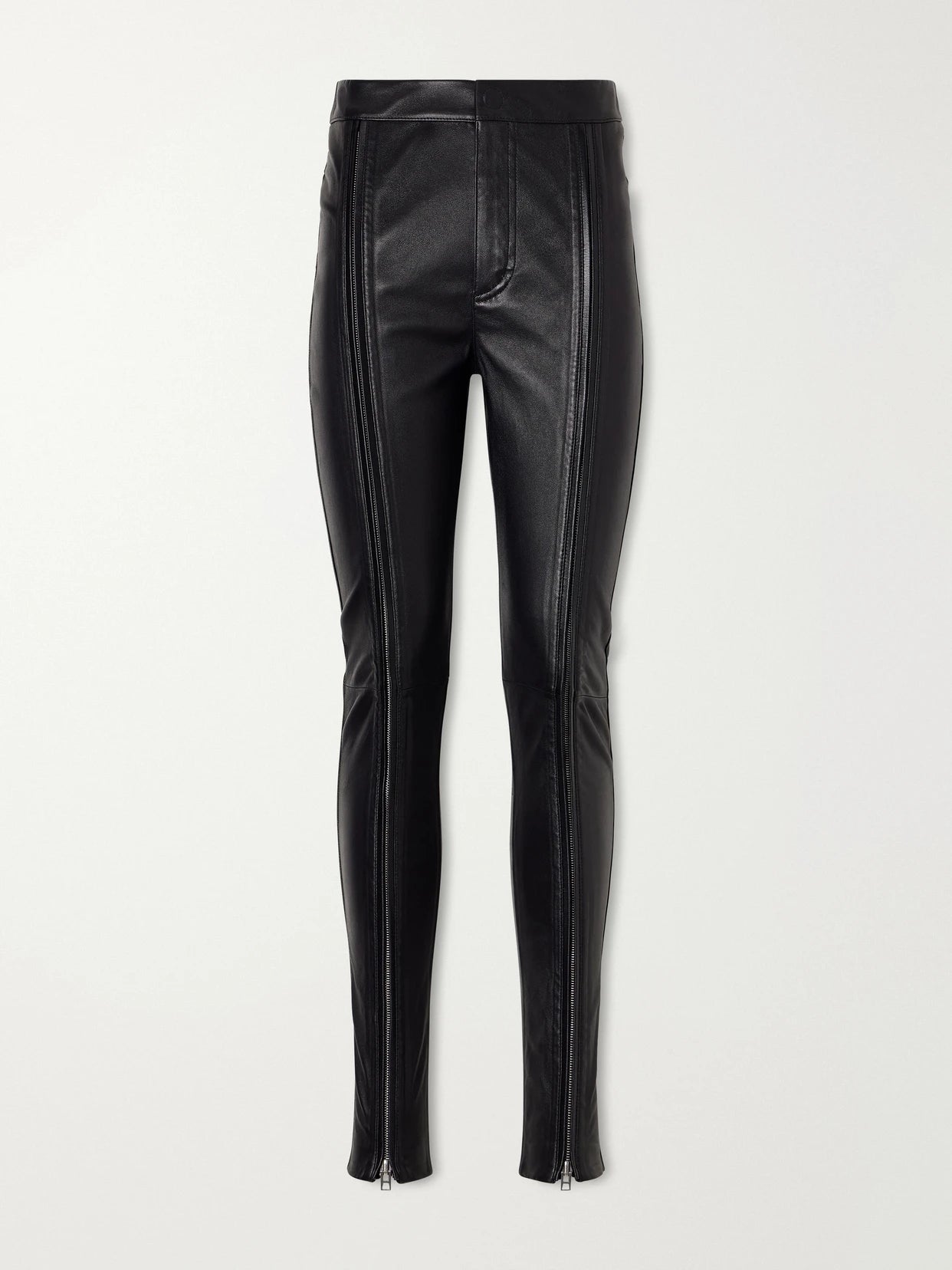 Image of a model wearing Pants. Product name - Zip-up Leather Skinny-leg Pants in Black colour by brand - TOM FORD
