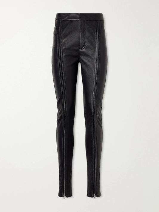 Image of a model wearing Pants. Product name - Zip-up Leather Skinny-leg Pants in Black colour by brand - TOM FORD