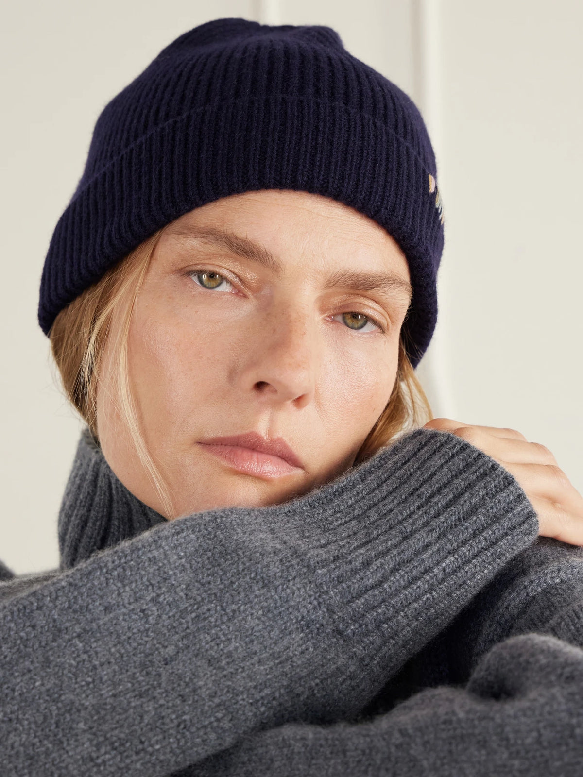 Image of Hats. Product name - Ribbed Cashmere Beanie in Navy colour by brand - Extreme Cashmere