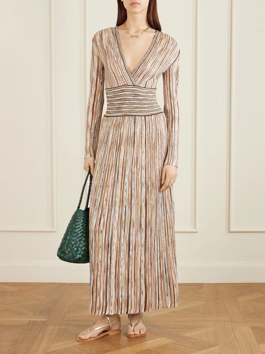 Image of Dresses. Product name - Sequin-embellished Striped Metallic Crochet-knit Midi Dress in Brown colour by brand - Missoni