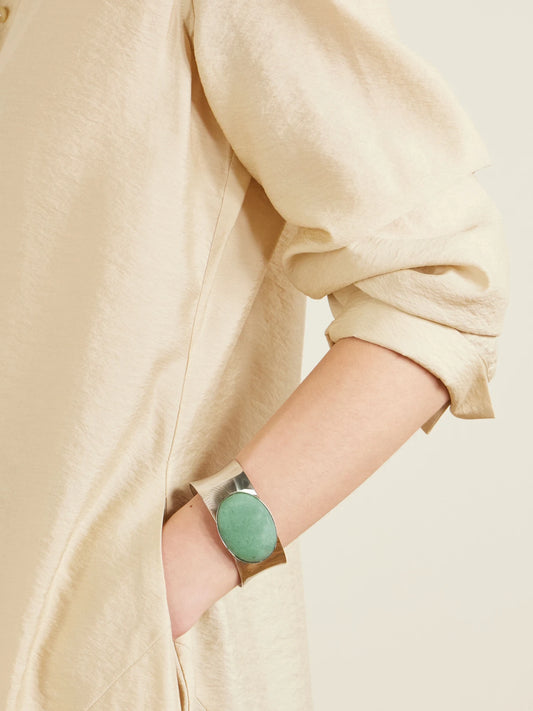 Image of Bracelets. Product name - Johanna Silver-tone Aventurine Bangle in Light green colour by brand - Jennifer Behr
