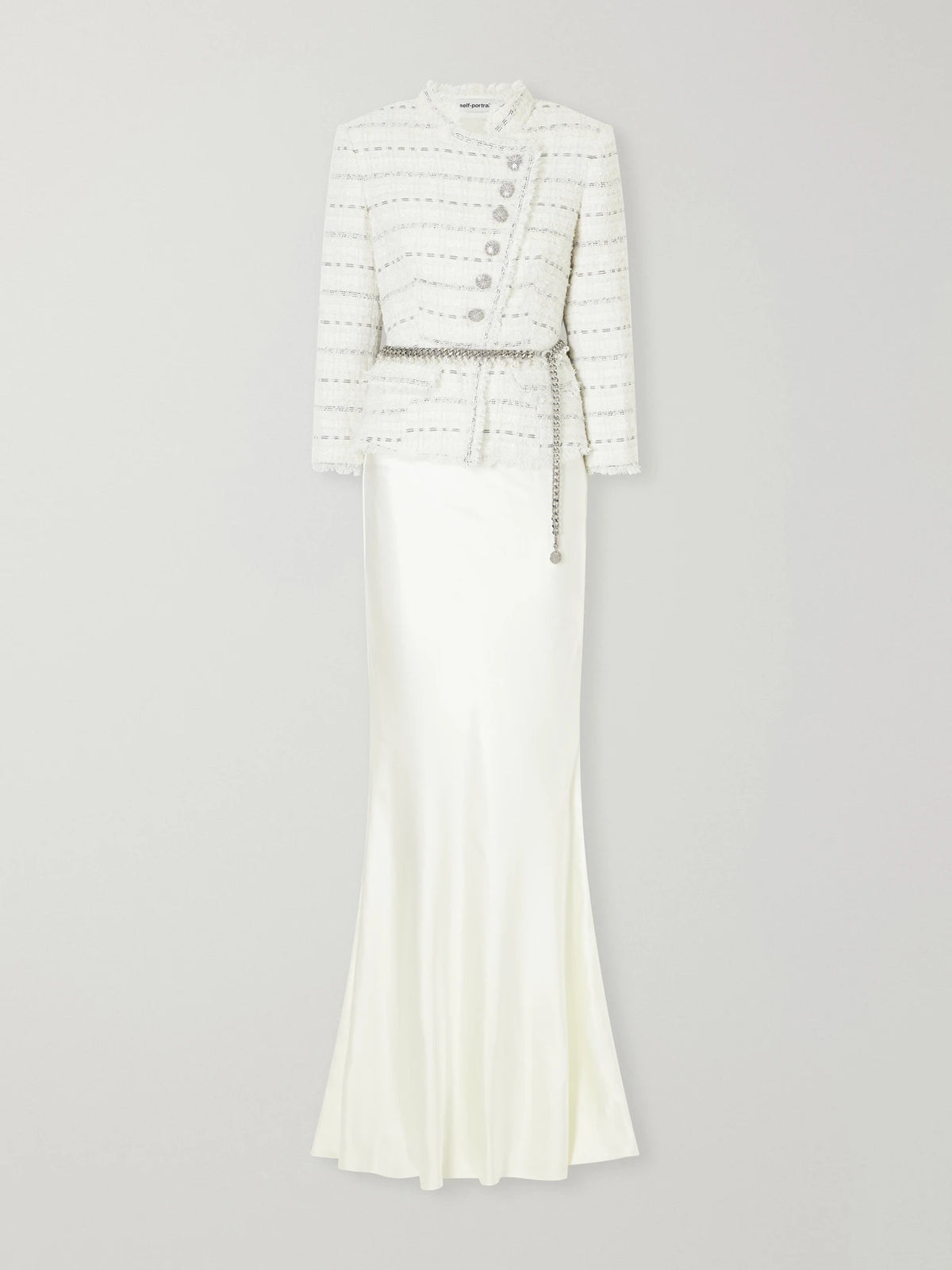 Self-Portrait Belted Satin And Bouclé Maxi Dress