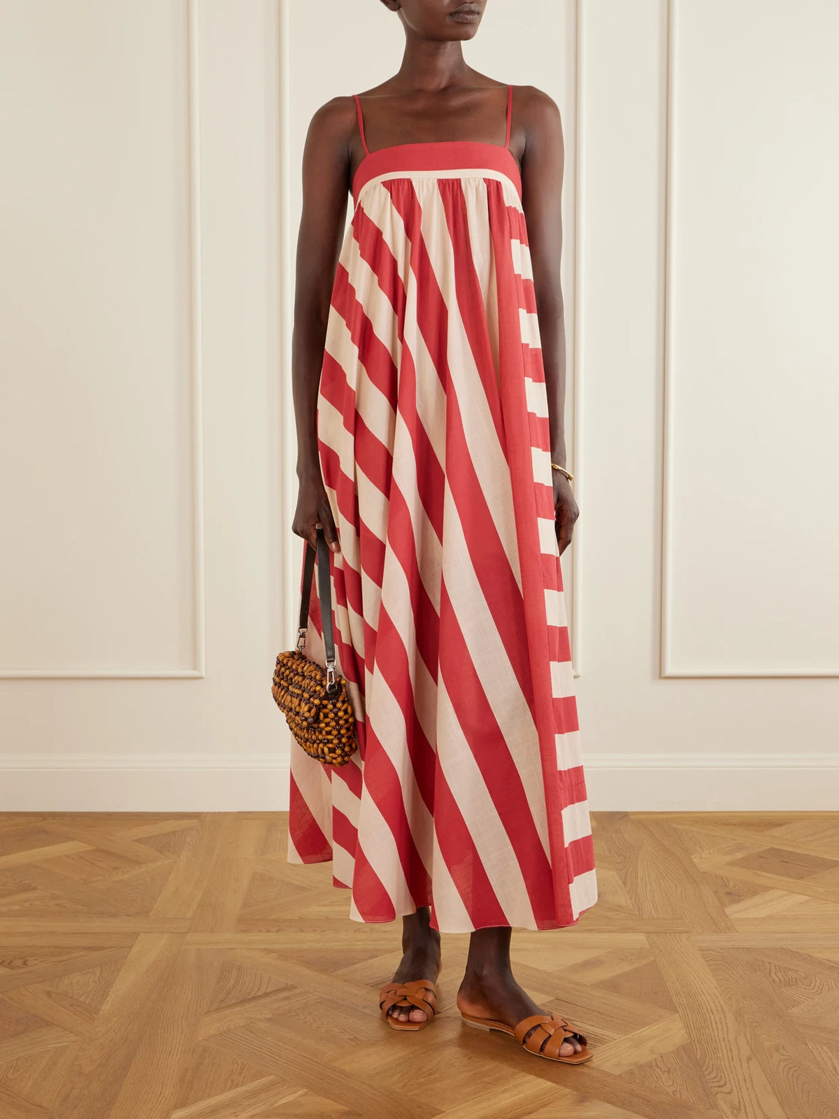 Image of Dresses. Product name - Roselight Striped Cotton Maxi Dress in Red colour by brand - Zimmermann