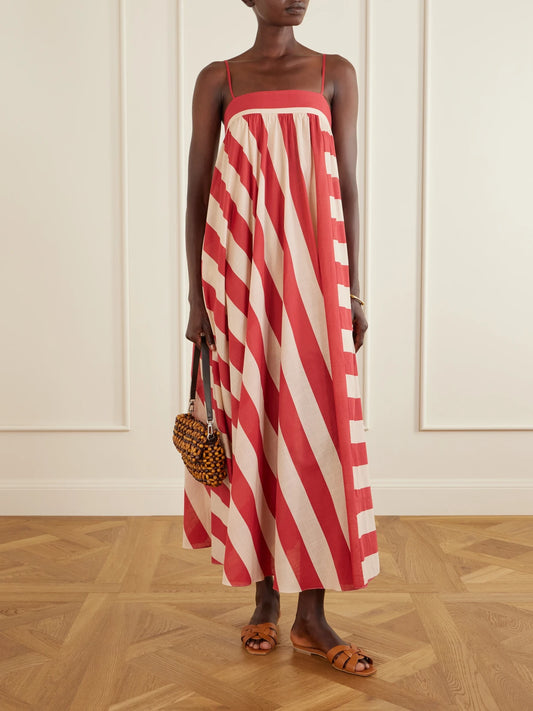 Image of Dresses. Product name - Roselight Striped Cotton Maxi Dress in Red colour by brand - Zimmermann