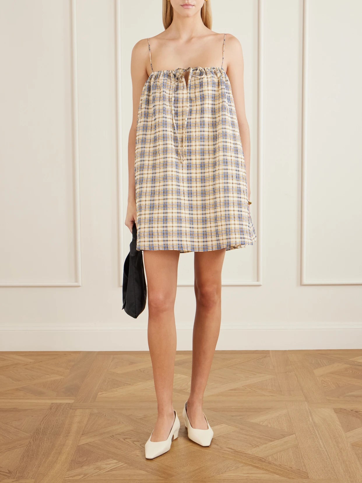 Image of Dresses. Product name - Checked Seersucker Mini Dress in Beige colour by brand - BERNADETTE