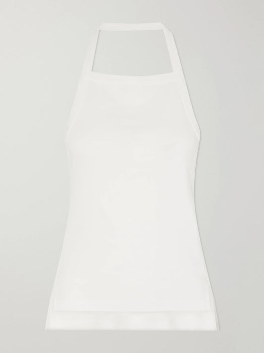 Image of a model wearing Tops. Product name - Clovis Cotton Jersey Halterneck Tank in Off-white colour by brand - OSSOU