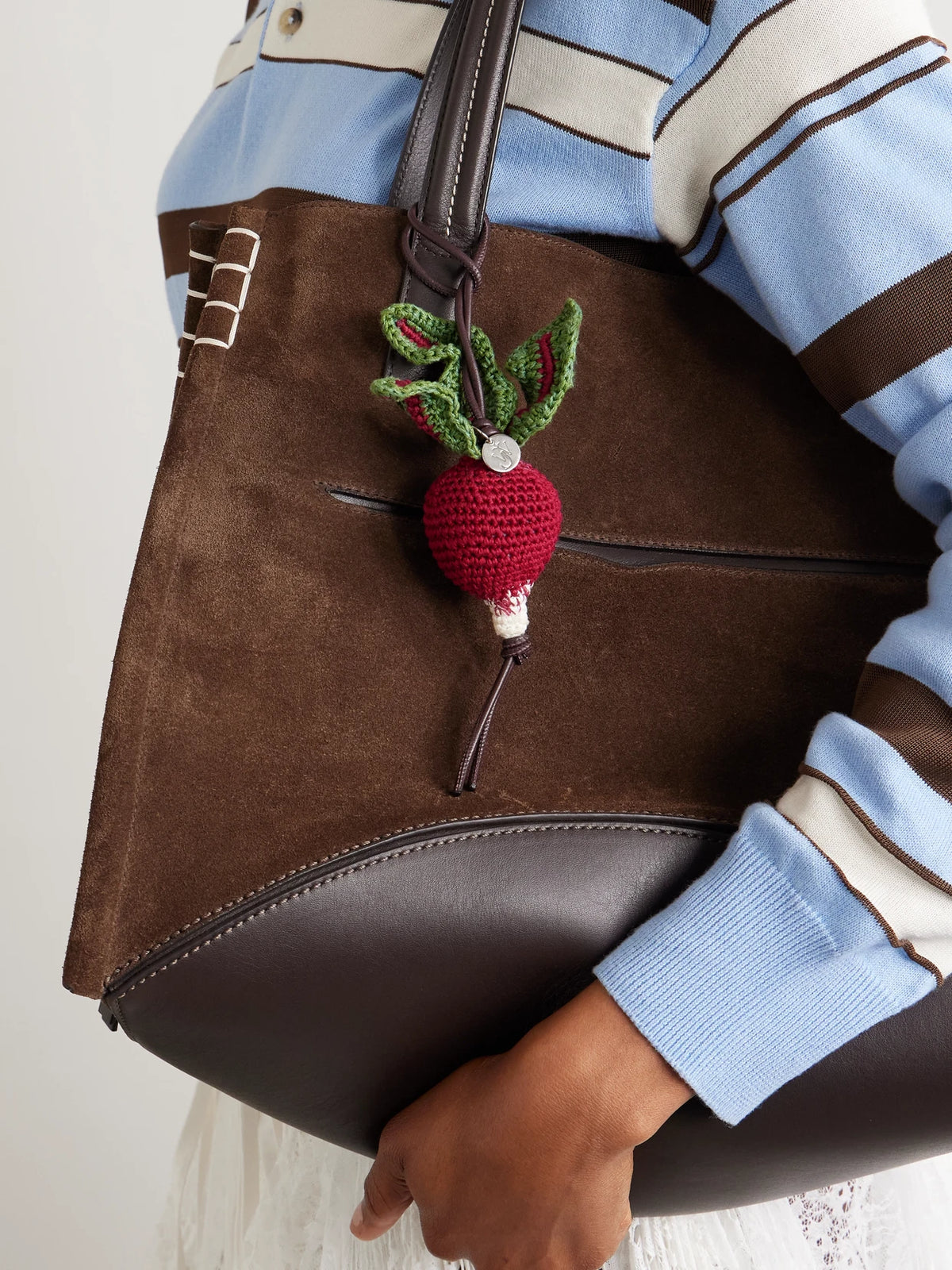 Image of Keychains. Product name - Radish Crocheted Cotton Bag Charm in Burgundy colour by brand - JW Anderson