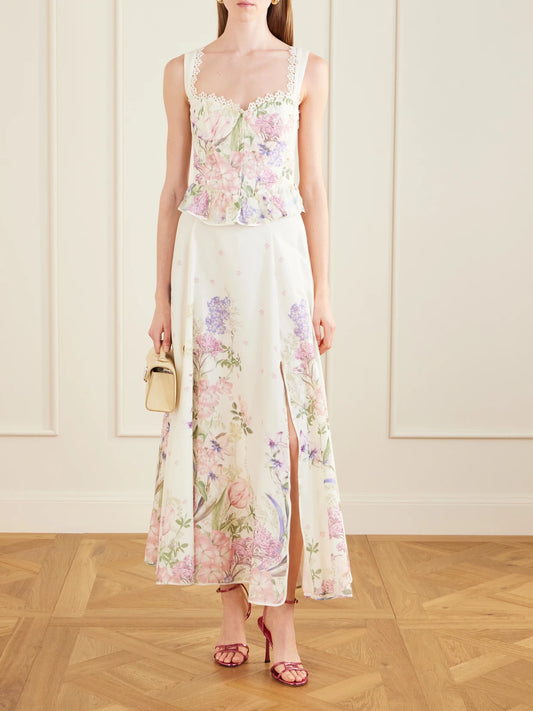 Image of a model wearing Skirts. Product name - Ventine Floral-print Cotton-blend Maxi Skirt in Cream colour by brand - Charo Ruiz