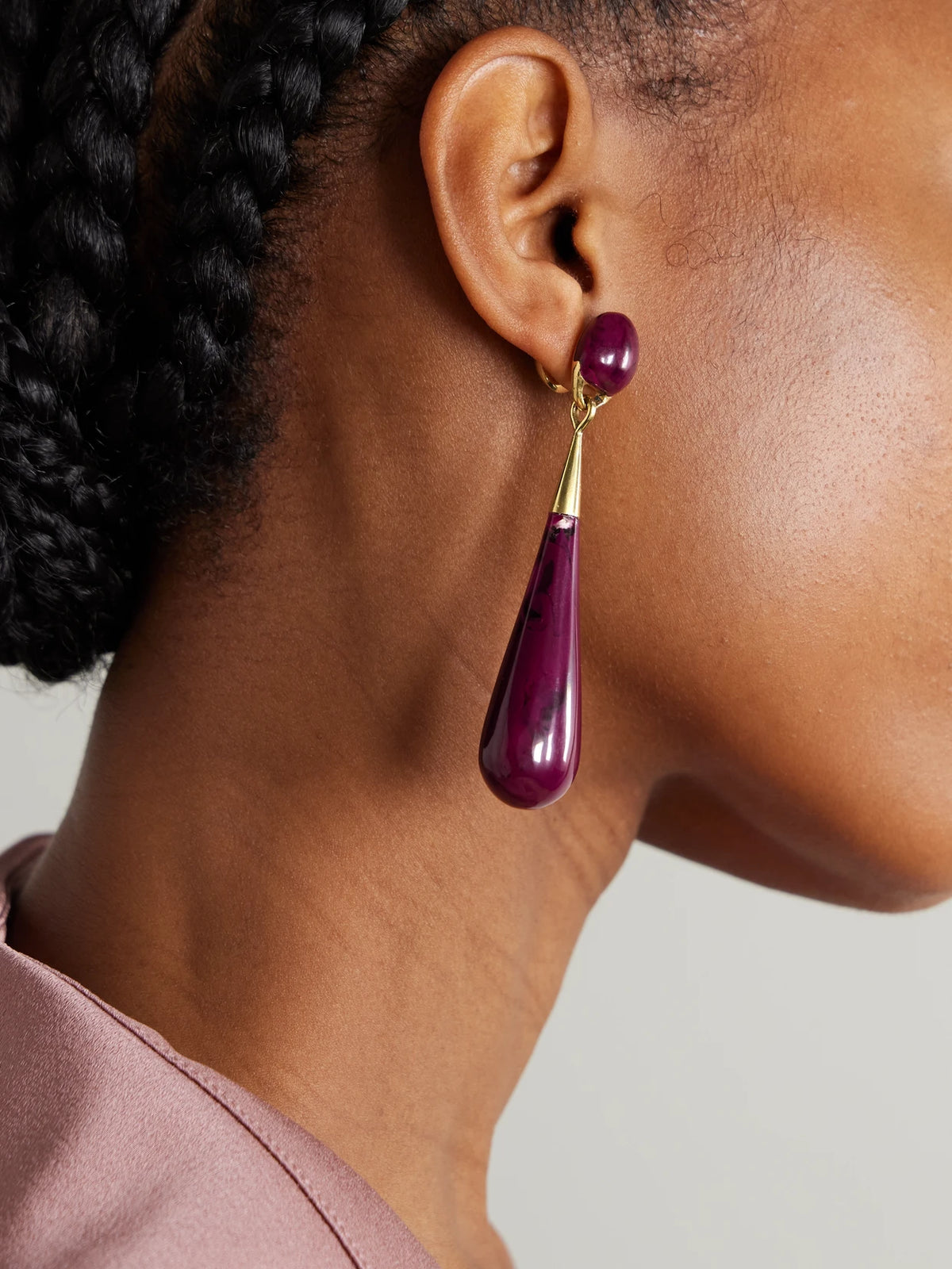 Image of Earrings. Product name - Dew Drop Large Gold-tone Resin Earrings in Dark purple colour by brand - Dinosaur Designs