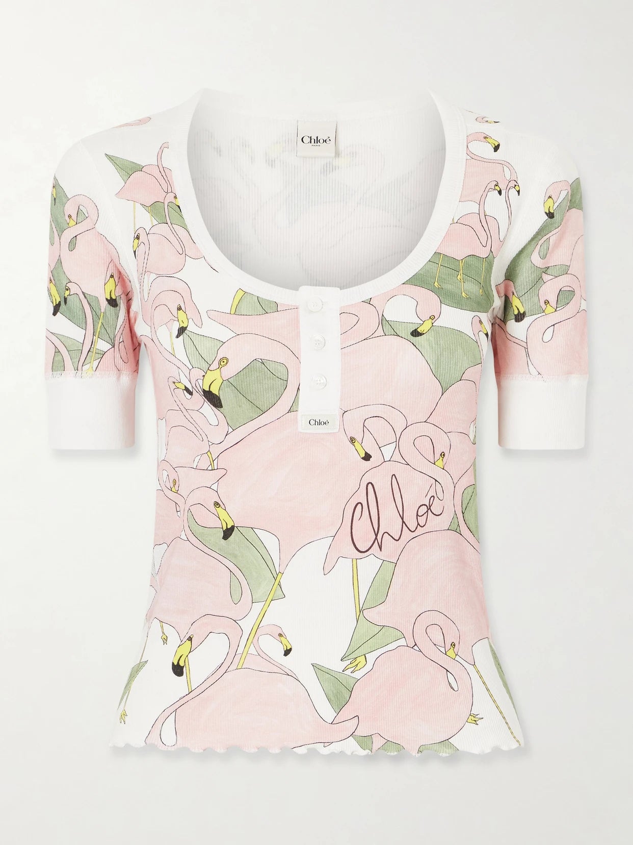 Image of a model wearing Tops. Product name - Printed Ribbed Cotton-jersey T-shirt in Pink colour by brand - Chloé