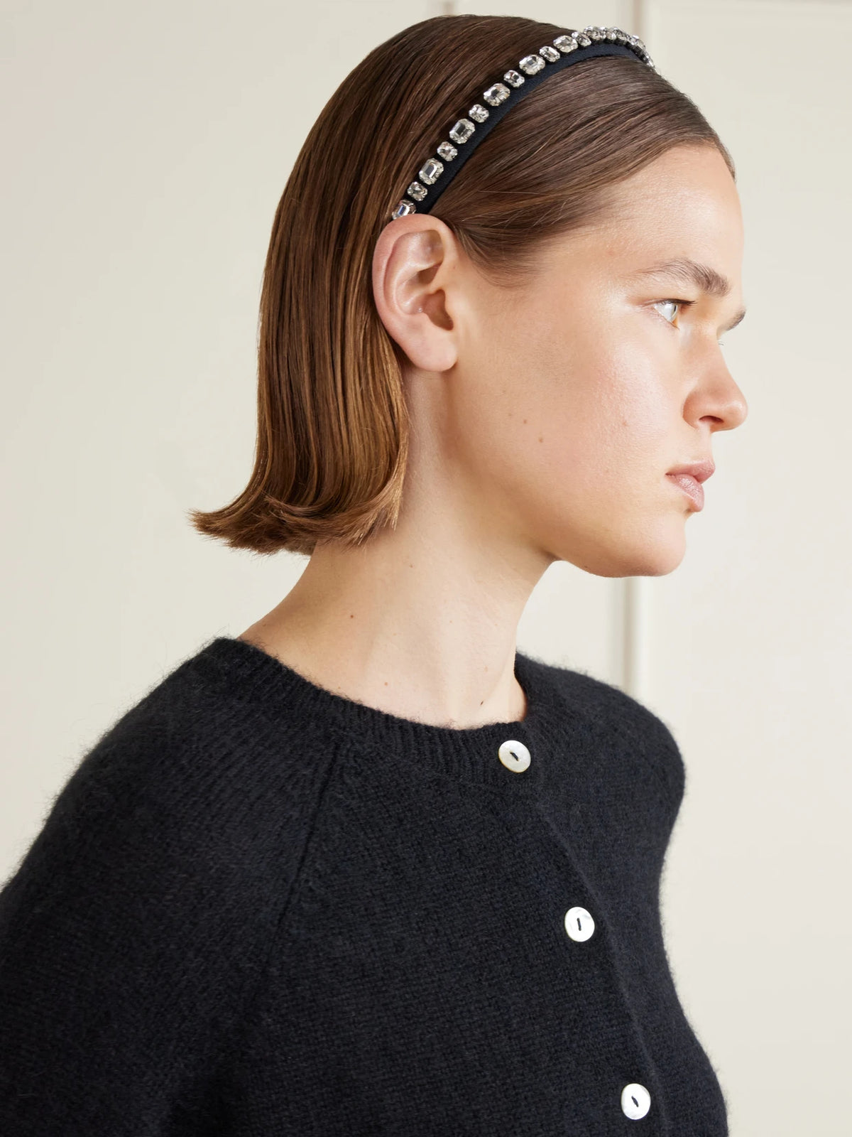 Image of Accessories. Product name - Narrow Emb Crystal-embellished Woven Headband in Black colour by brand - Erdem
