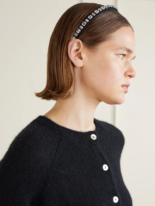 Image of Accessories. Product name - Narrow Emb Crystal-embellished Woven Headband in Black colour by brand - Erdem